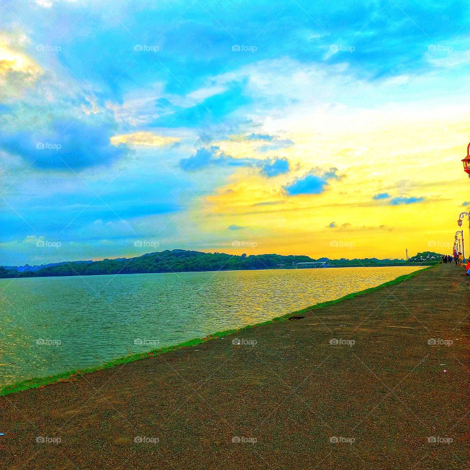 In the afternoon before sunset on the edge of the lake