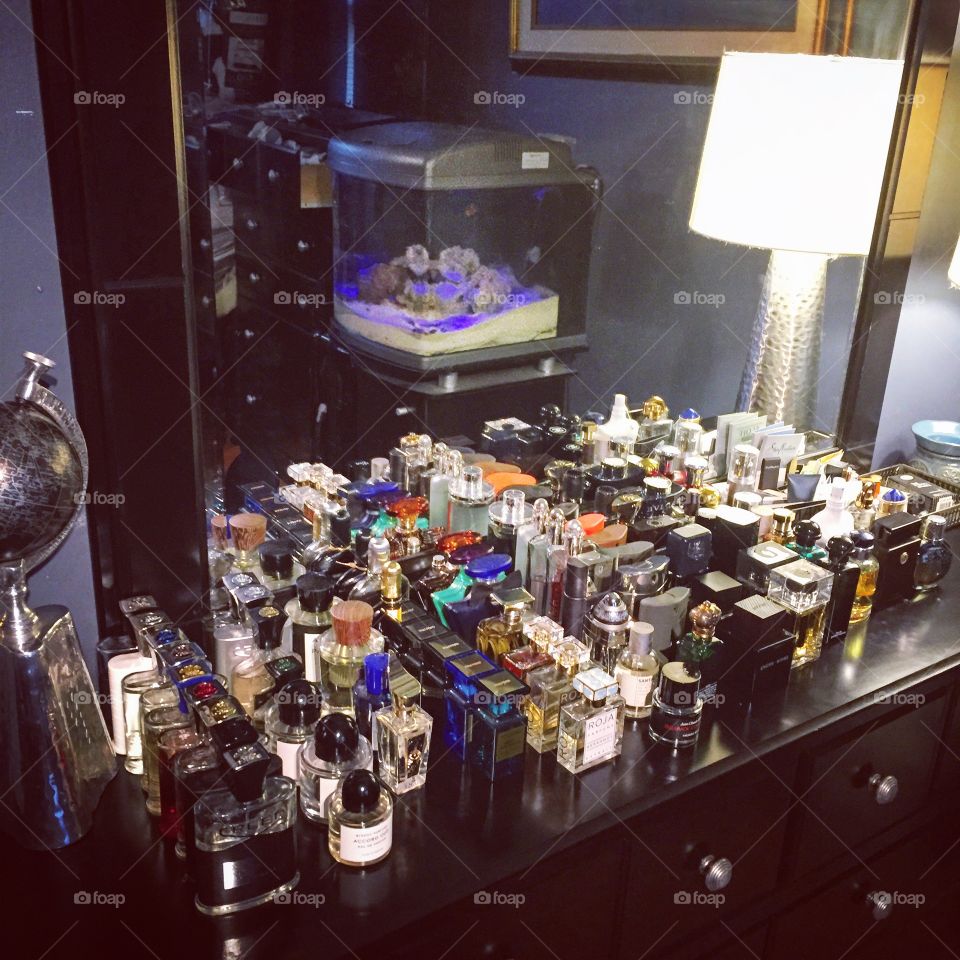Fragrance Overload. My fragrances on my bedroom dresser.