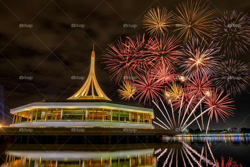 Beautiful fire work of flowers festival at Suan Luang Rama IX park in Bangkok Thailand