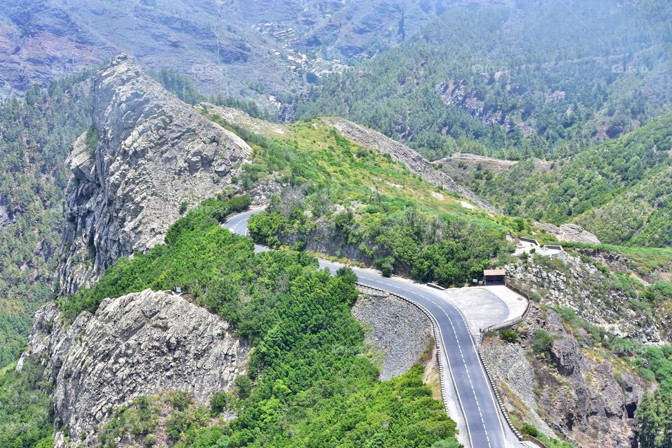 winding mountain road on la gomera canary island in Spain top view