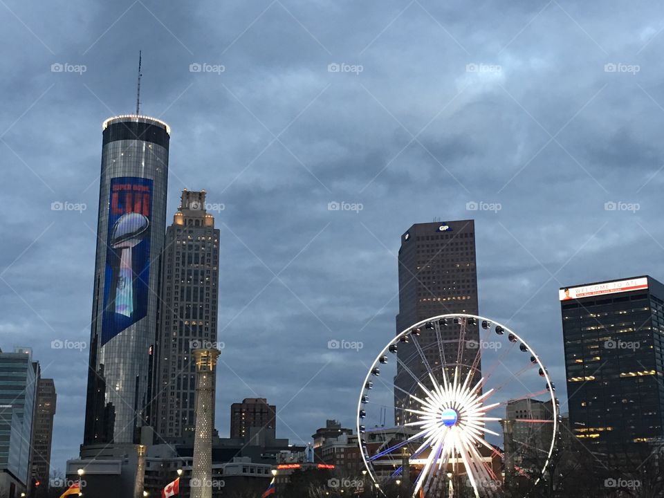 Dusk at downtown Atlanta during Super Bowl weekend