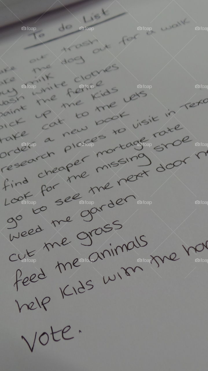 to do list... vote
on a clipboard
A clipboard is a thin, rigid board with a clip at the top for holding paper in place. A clipboard is typically used to support paper with one hand while writing on it with the other, especially when other writing surfaces are not available.