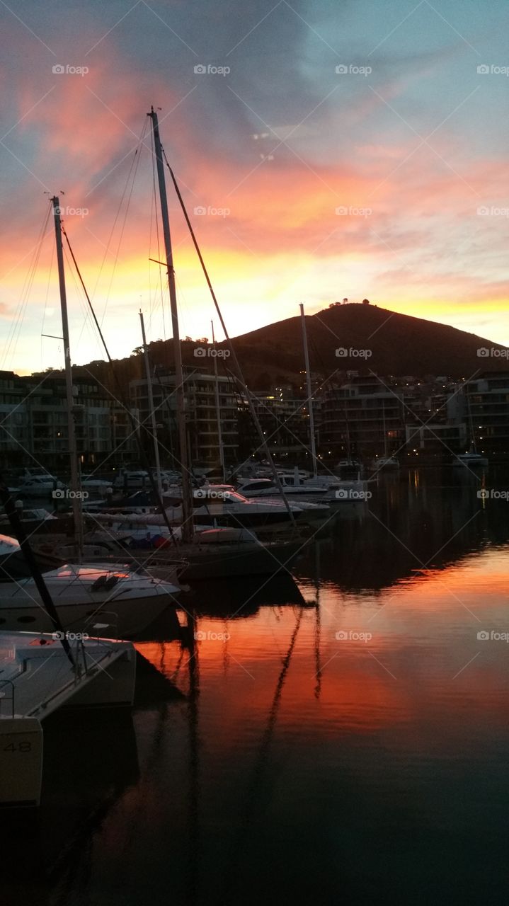 yachts at sunset marina waterfront in Cape town.