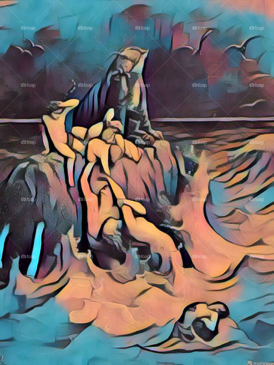 It's by Gustave Doré, usually considered a master engraver, this image is a powerful depiction of the doomed men and beasts in the story of Noah's Ark trying desperately and futilely to save their children.