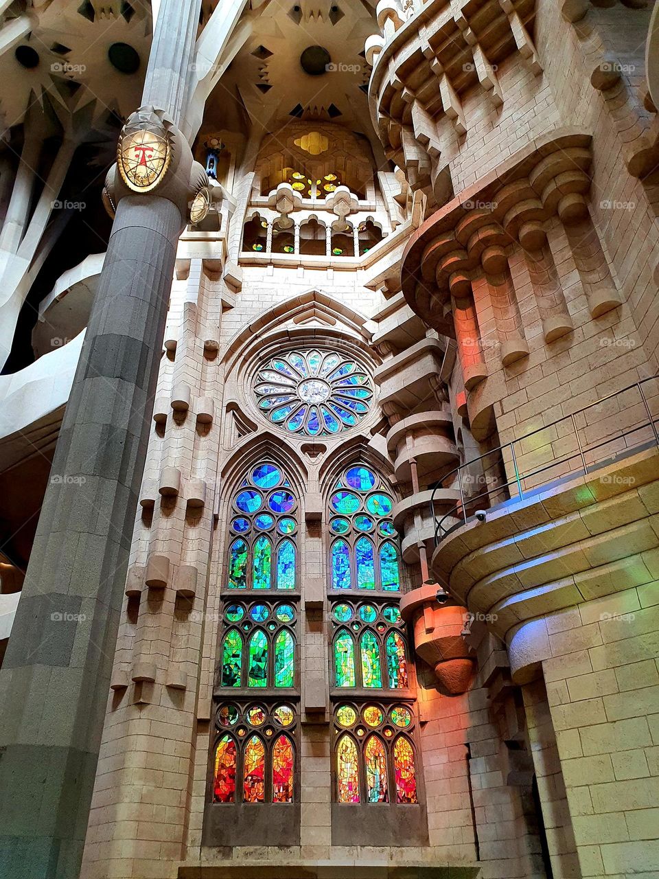 Explosion of colours through the stained glasses inside the Sagrada Familia in Barcelona