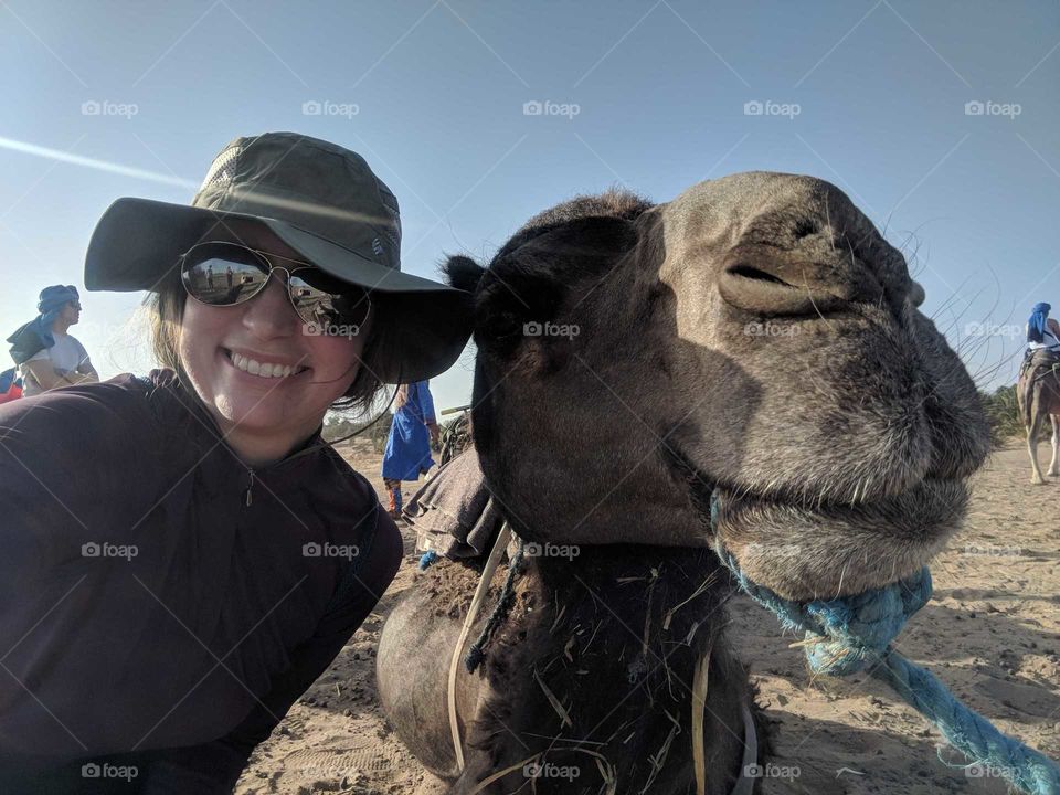 Woman (Backpacker) Wearing a Hat and Sunglasses Takes a Selfie with a Camel in the Sahara Desert in Morocco