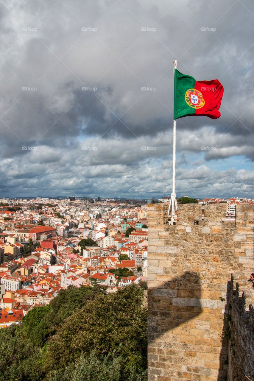 View of castle and rooftops, Lisbon, Portugal
