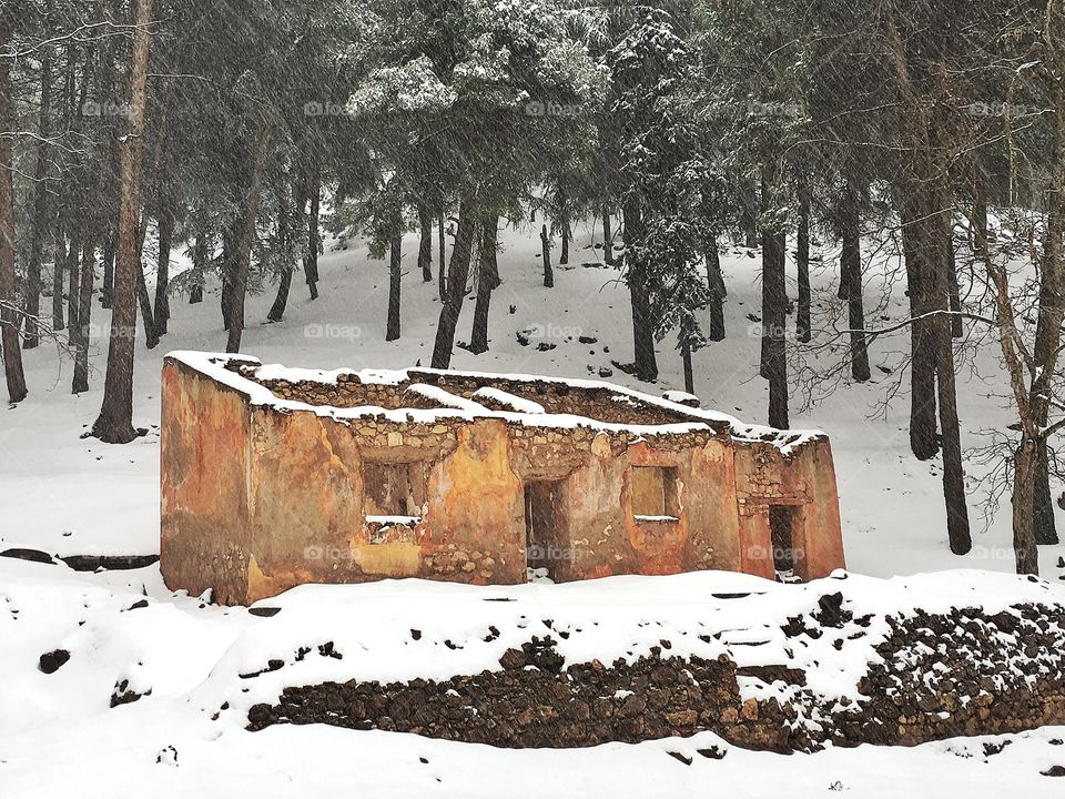 Abandoned structure in the snowy Atlas Mountains