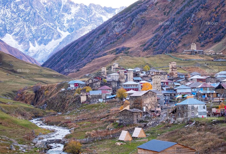 A cute village, land scape of Ushguli in valley at Georgia 