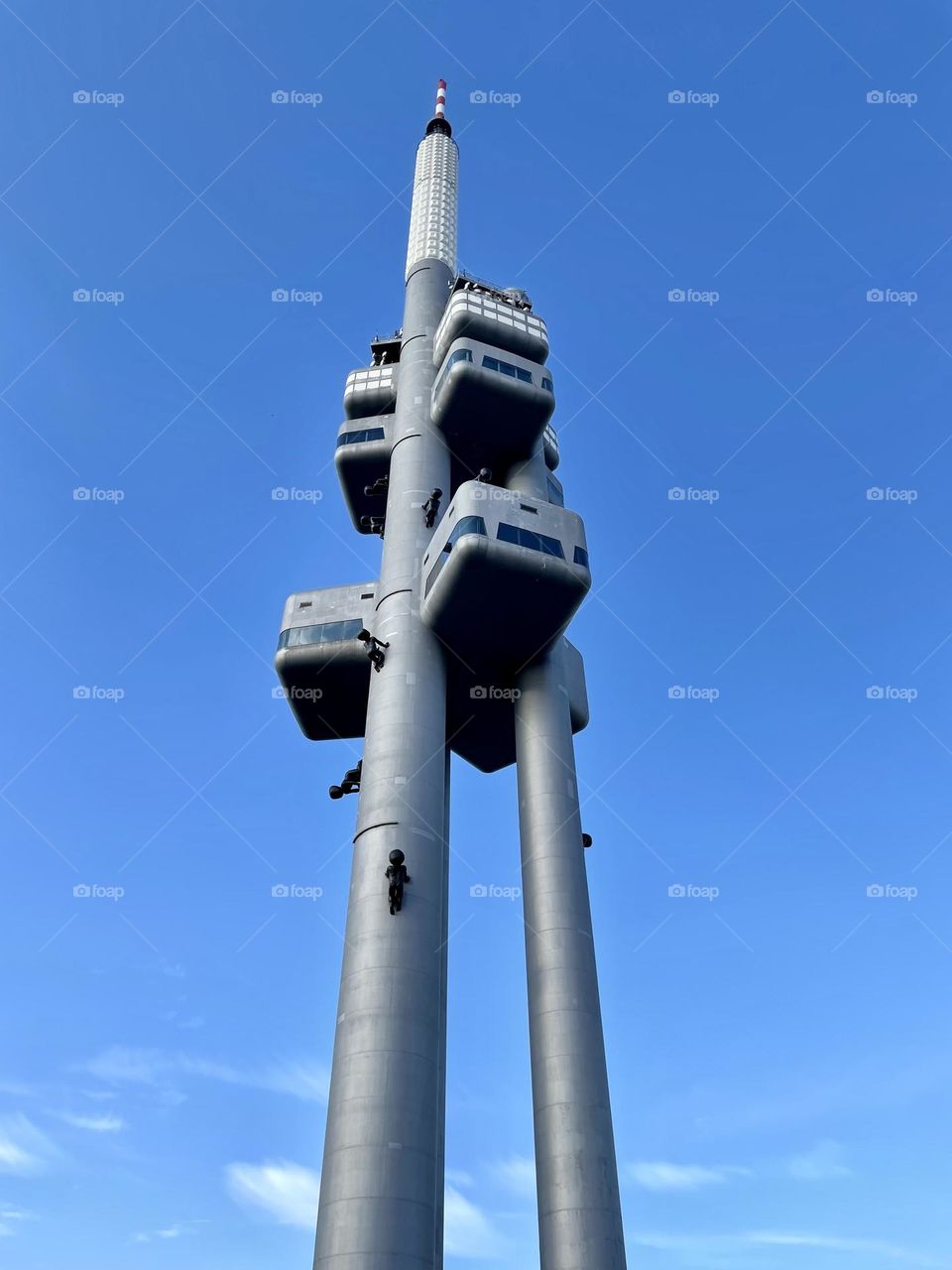 The famous Zizkov Television Tower, unique transmitter tower built in Prague between 1985 and 1992. The tower is an example of high-tech architecture.