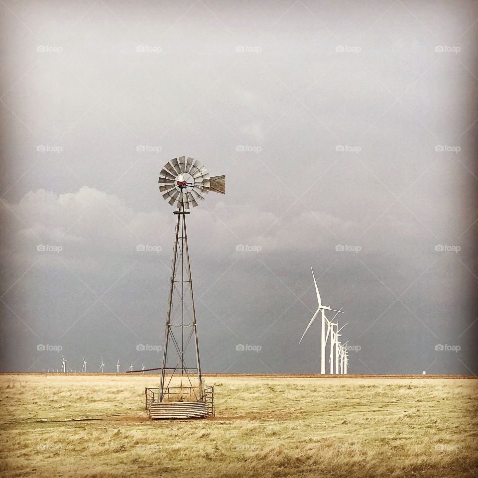 Windmills in an open Kansas field
