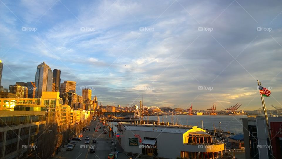 seattle at sunset. looking downtown from belltown