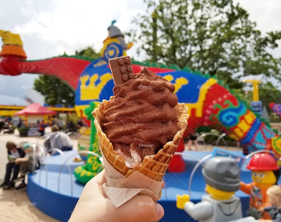 Legoland ice cream with chocolate Lego brick