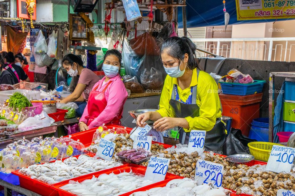 fresh caught Seafood for Sale at a Thai Street Fish Market in Thailand Southeast Asia