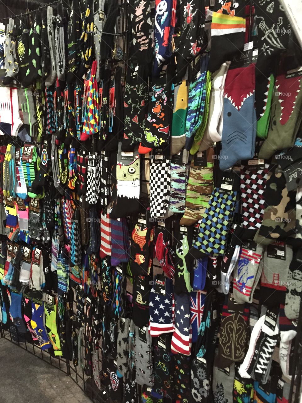 Wall of socks. Wall of colorful fun socks for sale