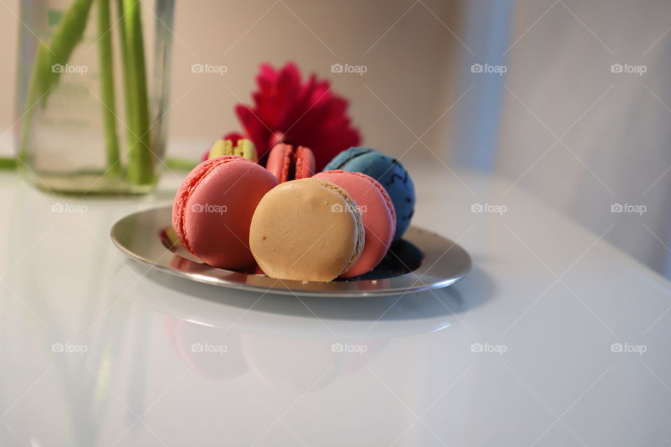 Macaroons in a silver plate