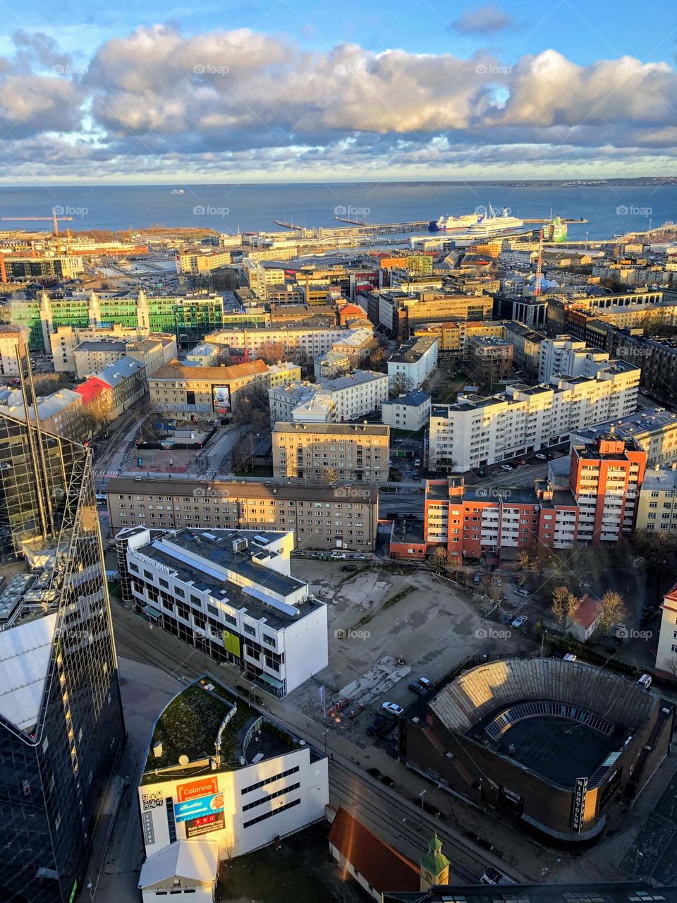 Beautiful landscape view to the Baltic Sea over Tallinn city building root tops