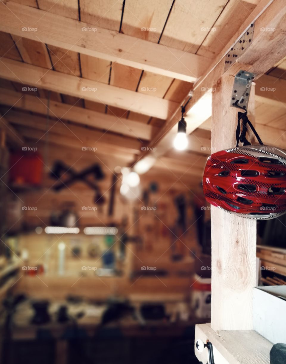 instruments workshop room light textured wood wall red