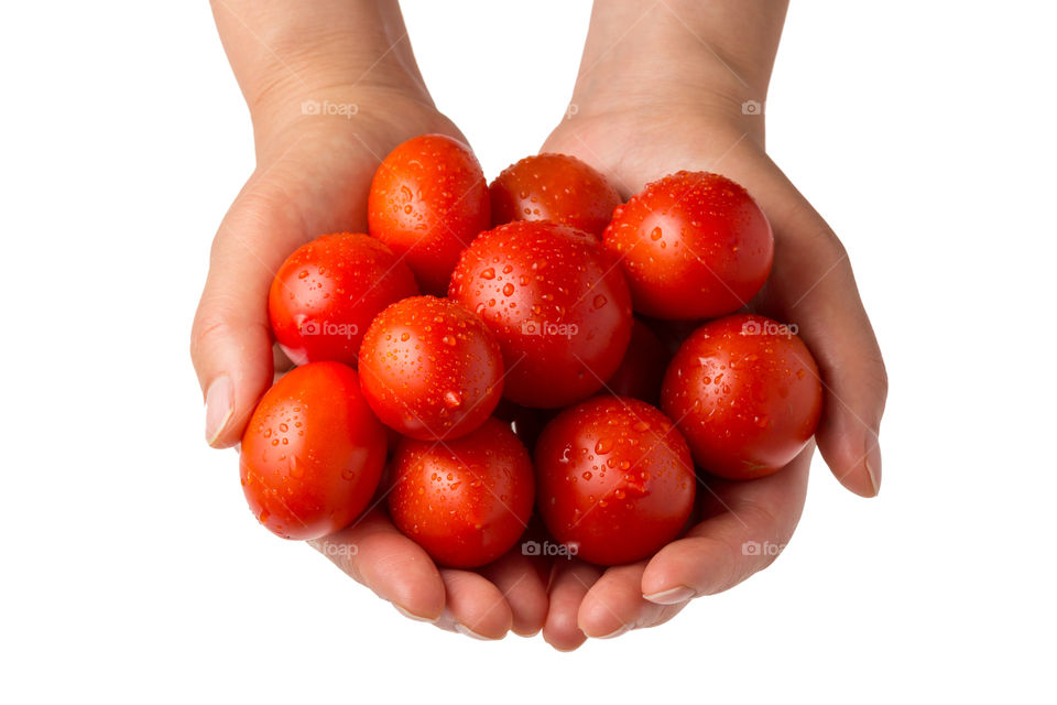 Handful of fresh tomatoes. Handful of fresh red tomatoes with water droplets against white background 