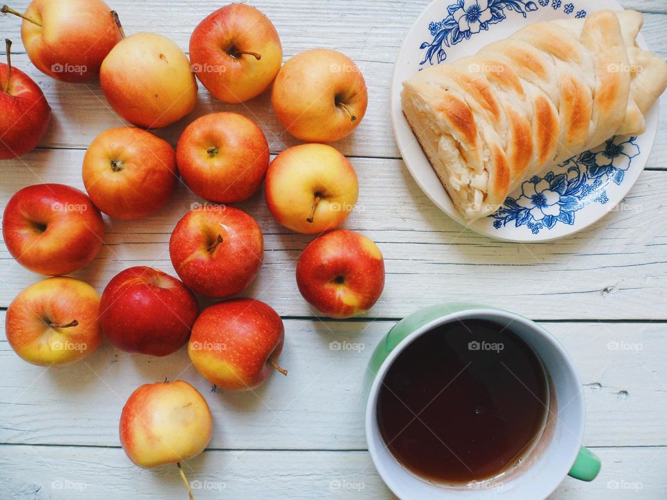 Apples fruits and pie with coffee