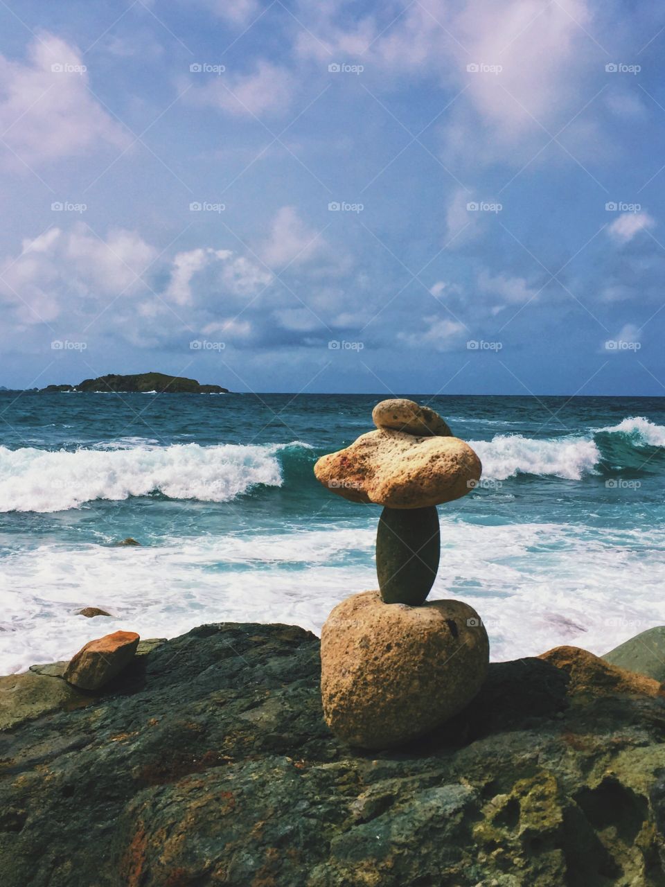Rocks Stacked On A Beach, Beach Art, Waves Crashing In Caribbean Paradise, Rocks On The Beach, Portrait Of The Ocean, St. Martin 