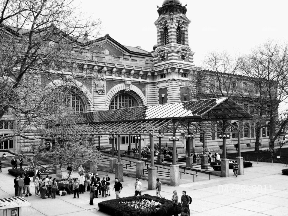 black and white photo of Ellis Island