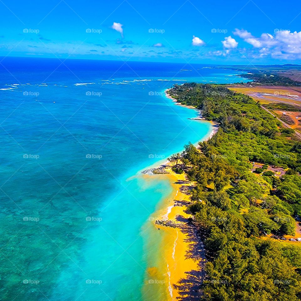 Beautiful Ariel view of Hawaii. Beautiful shades of blue go for miles and miles.