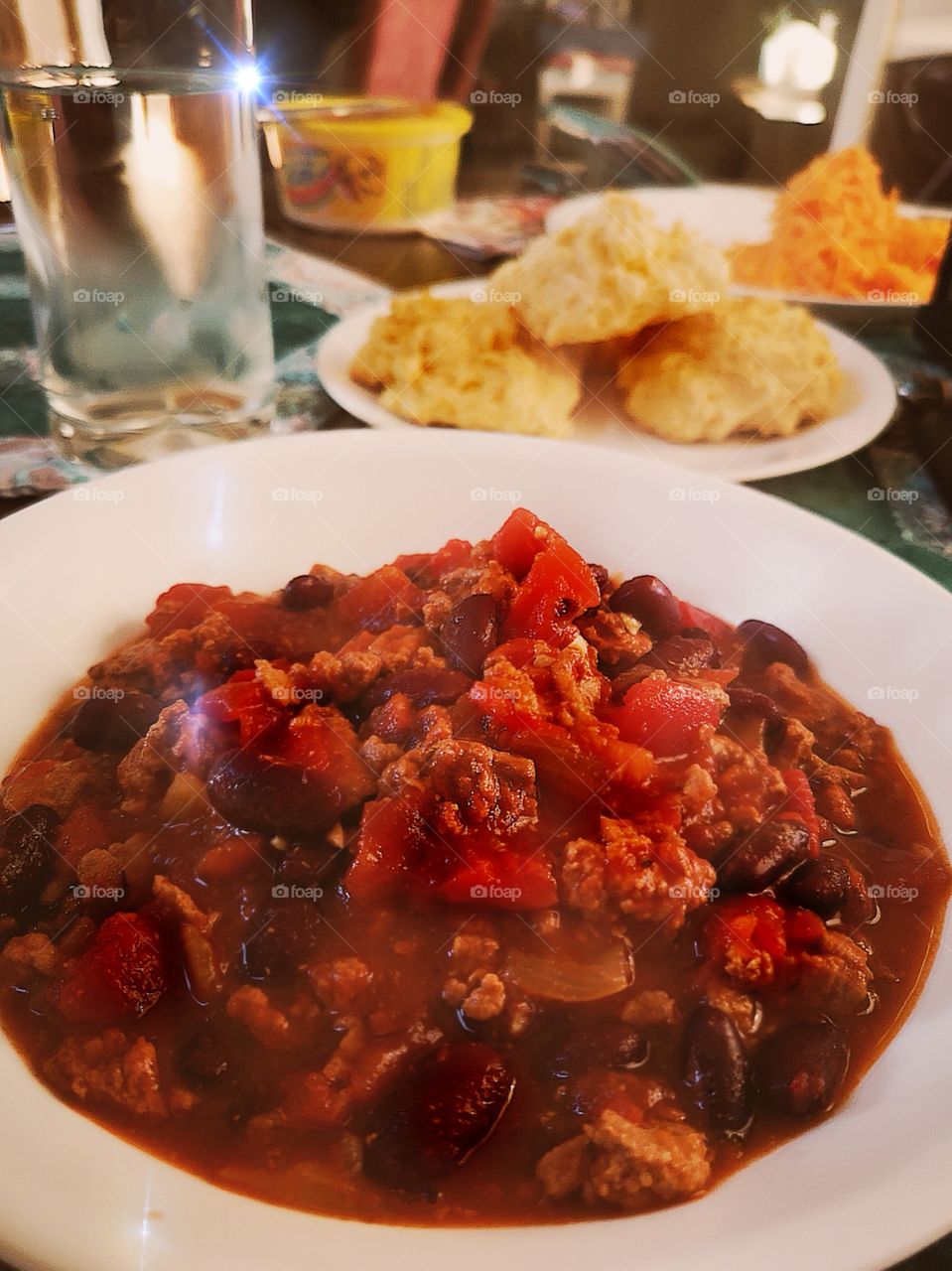 home made turkey chili with biscuits