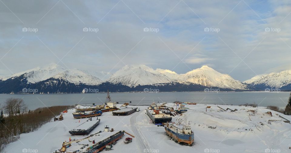 Frozen ships in a shipyard.