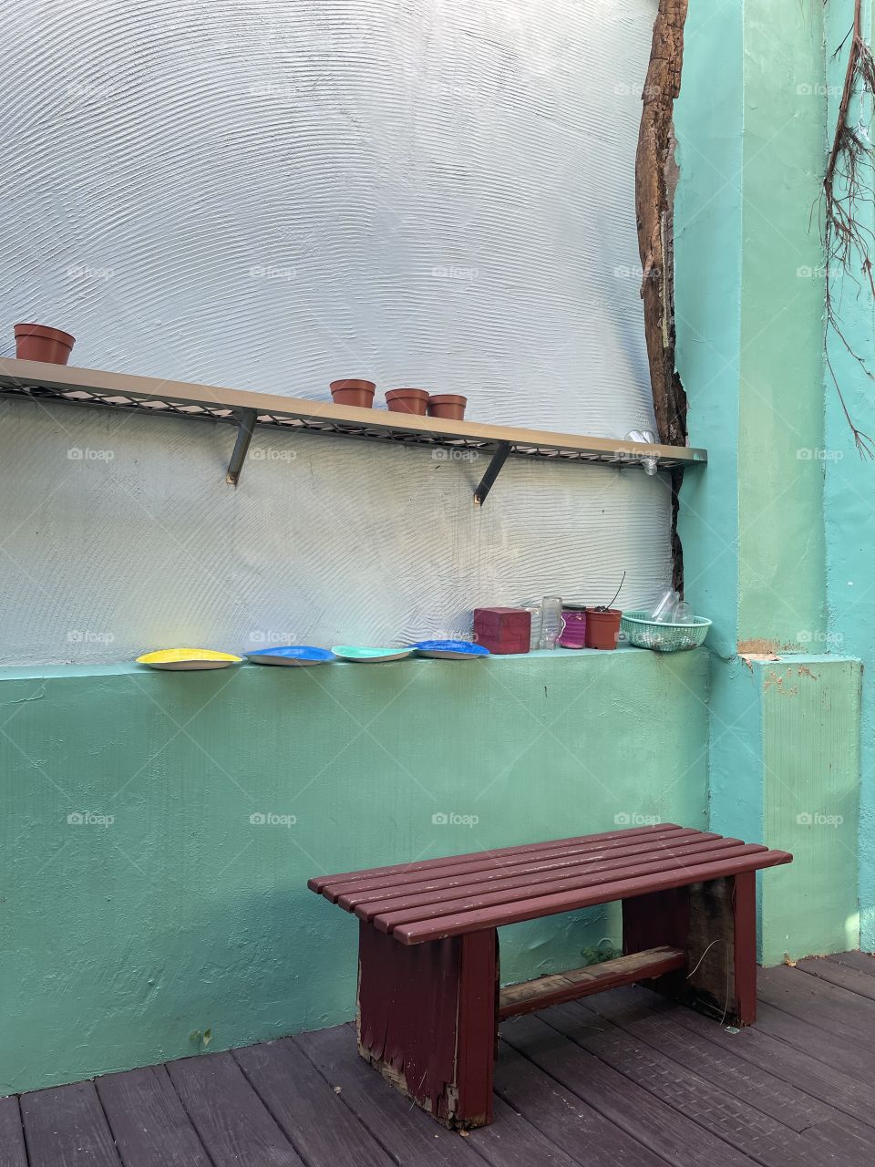 Brown bench against turquoise wall with plant pots and paper plates in the background. Some tree branches hang on the periphery.