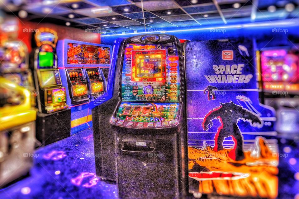 Amusement arcade. amusement,amusements,arcade,gambling,neon,light,lights,interior,seaside,resort,slots,slot,machine,