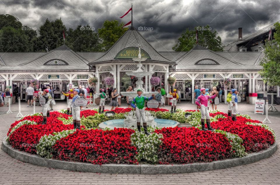 Dark Skies over Saratoga. The oldest racetrack in America since 1864 and home to the Travers stakes "SARATOGA" with it's iconic fountain & jockeys