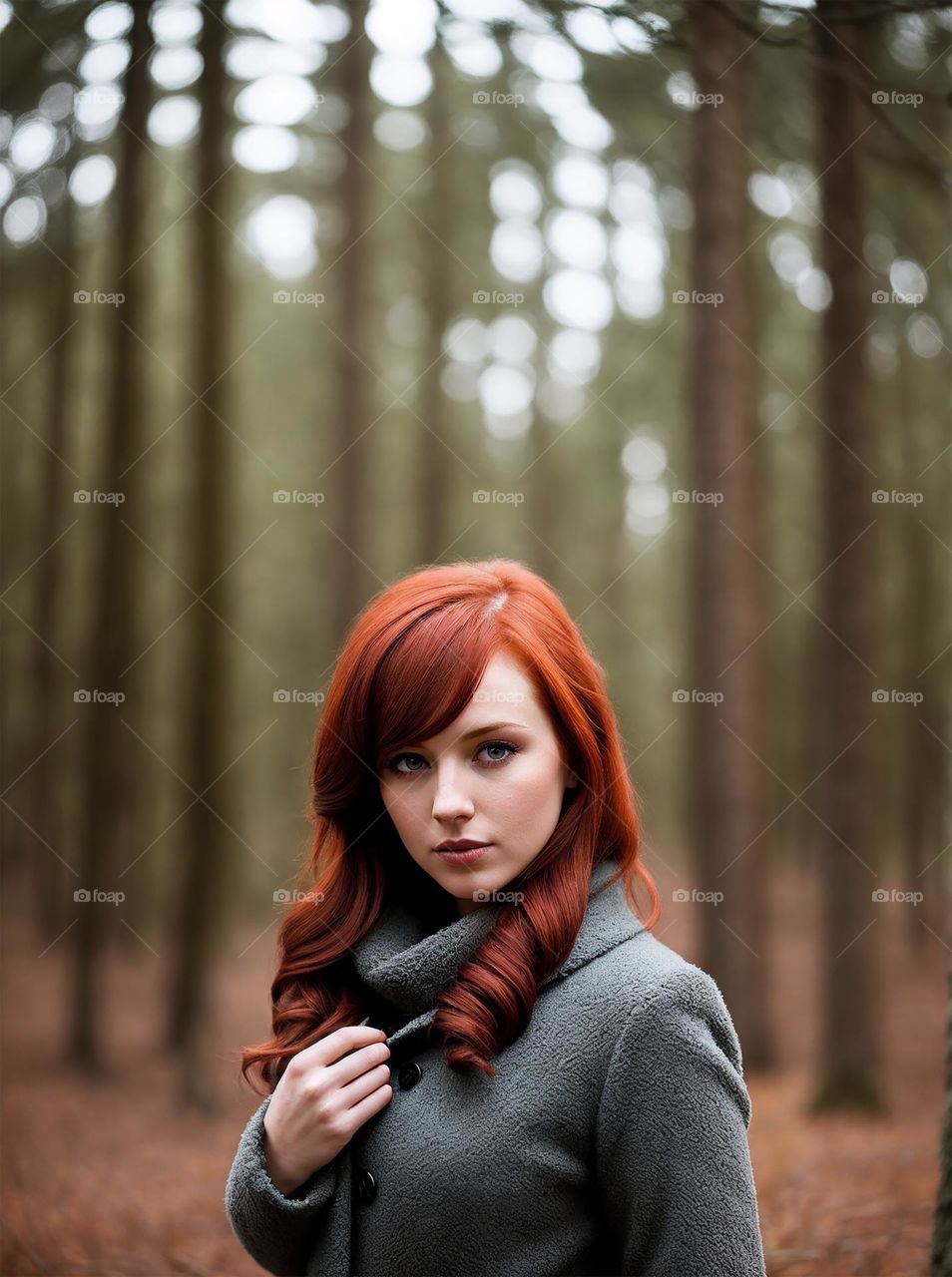 beautiful redhead woman in forest