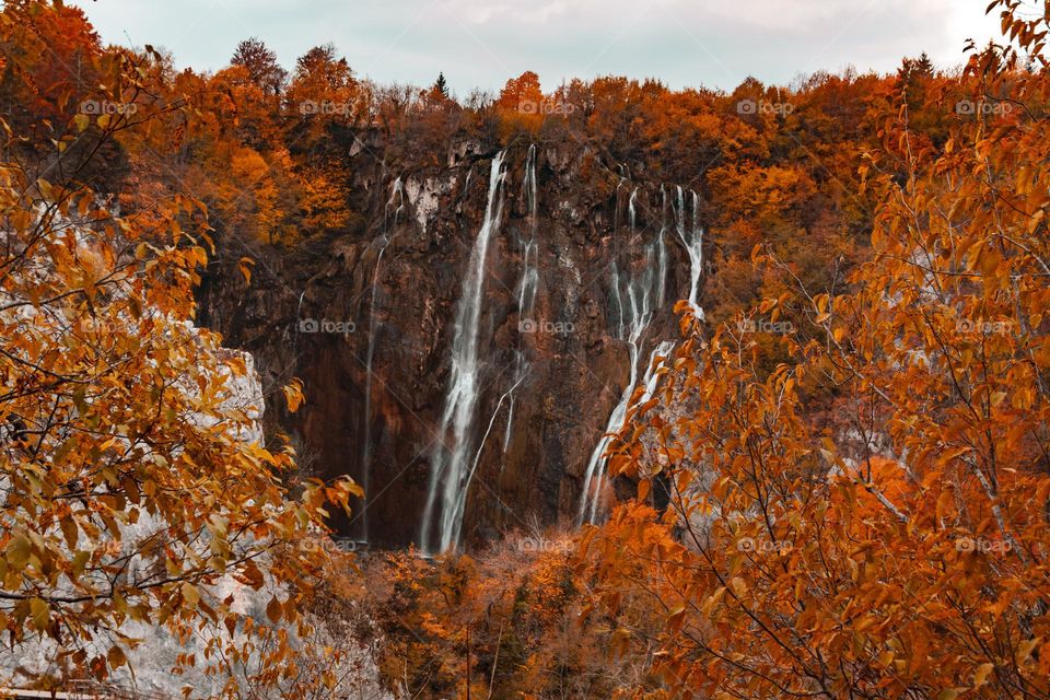 Beautiful autumn scenery with waterfalls at Plitvice lakes national park in Croatia