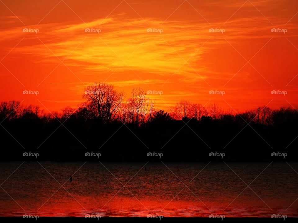 Beautiful lake sunset in Indiana on a winter day 