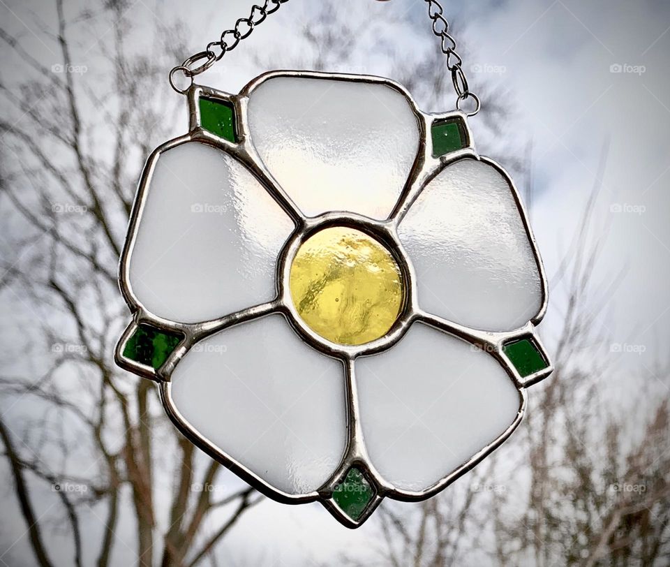 A beautiful glass Yorkshire White Rose sun catcher, from Hornsea, UK. It takes me to a beautiful place, and back to my roots. 