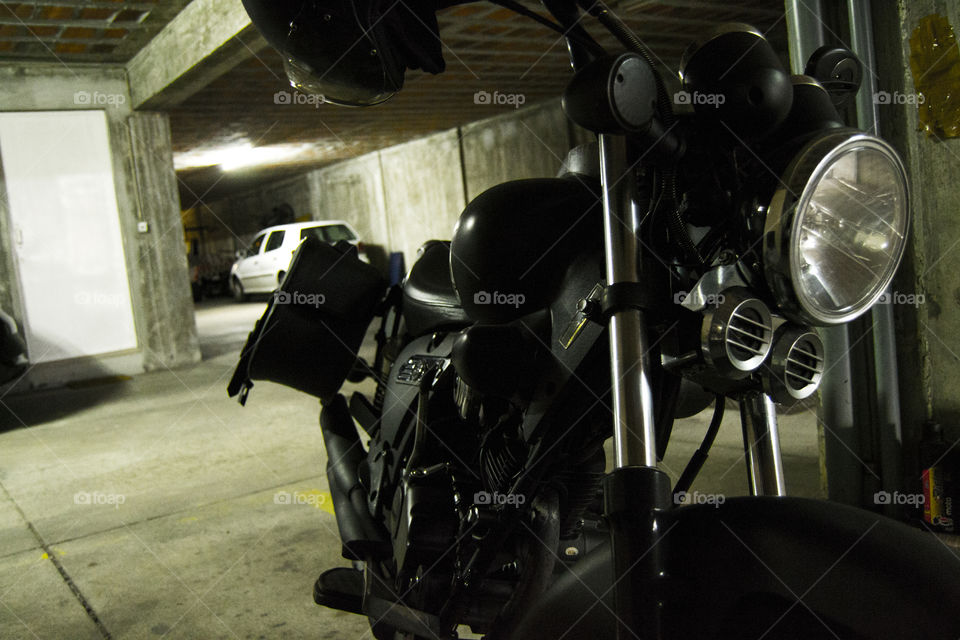 Motorcycle parked in garage