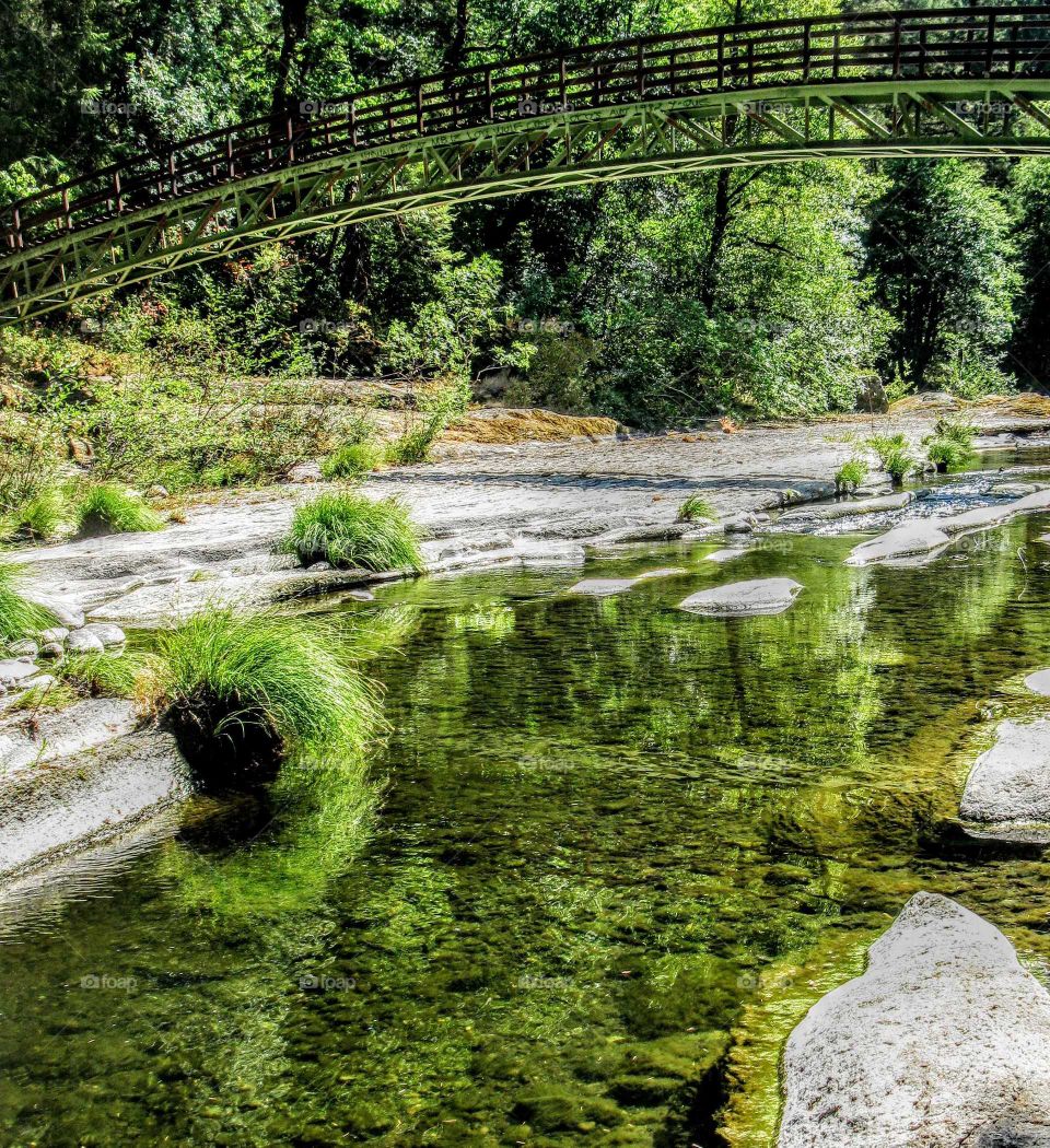 Scerene River Surrounded By Lush Greenery With Wood Foot Bridge "Just Around The Riverbend"
