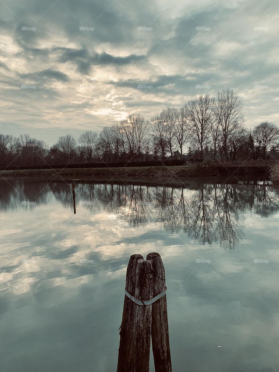 An evocative panorama taken at dusk of the Sile river, the longest spring river in Italy