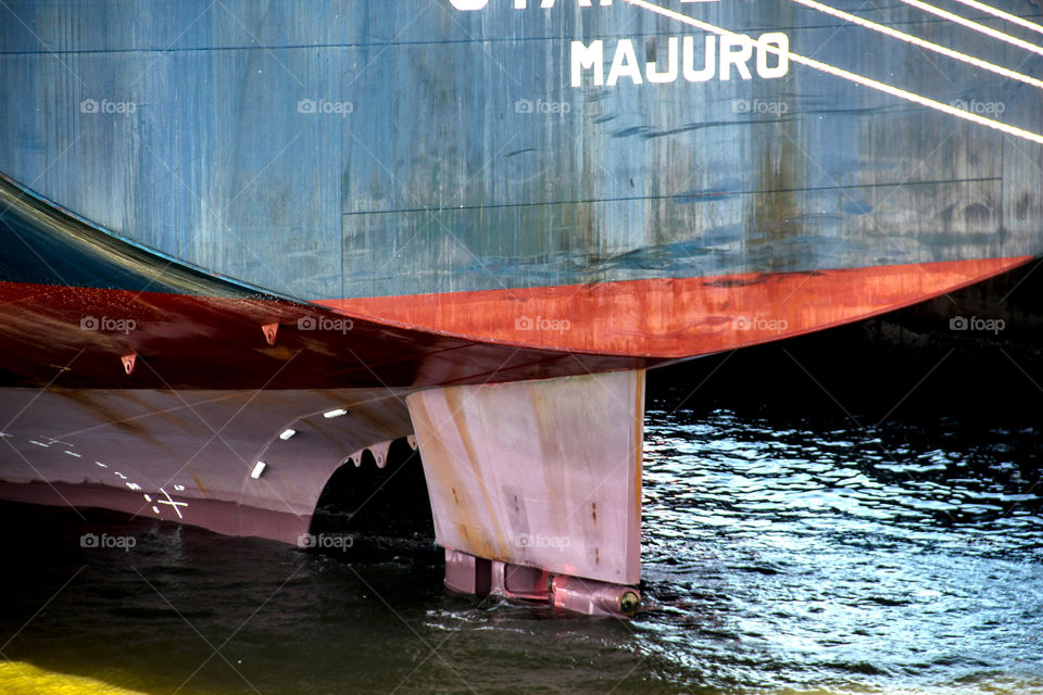 Ship in port showing the helm in detail. Cargo ship.