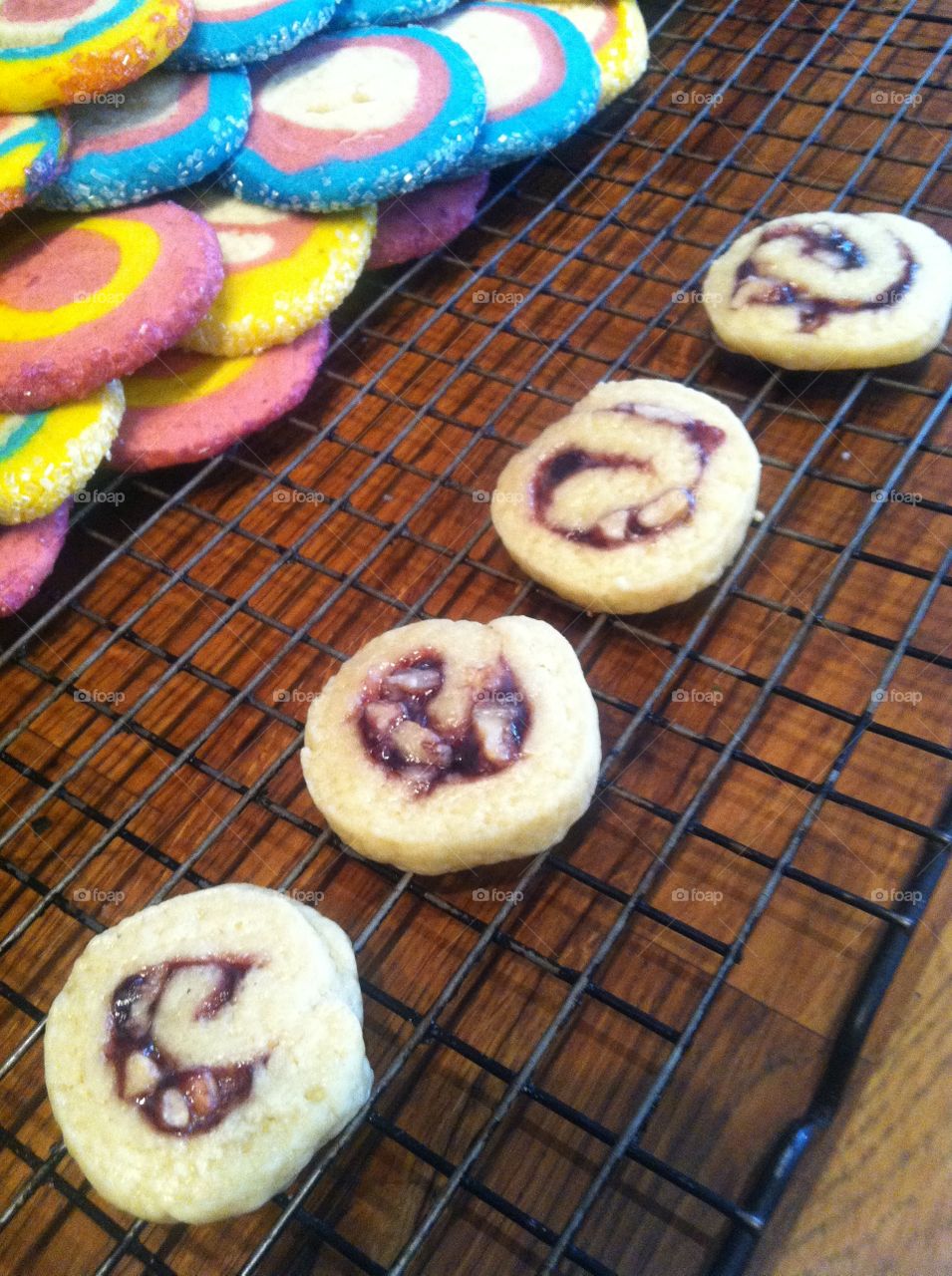 Pinwheel cookies. Cookies resting on cooling rack