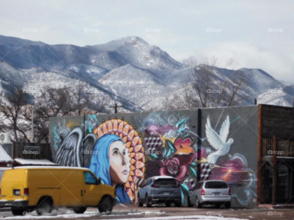 Colorado City Street Art with Snowy Mountains