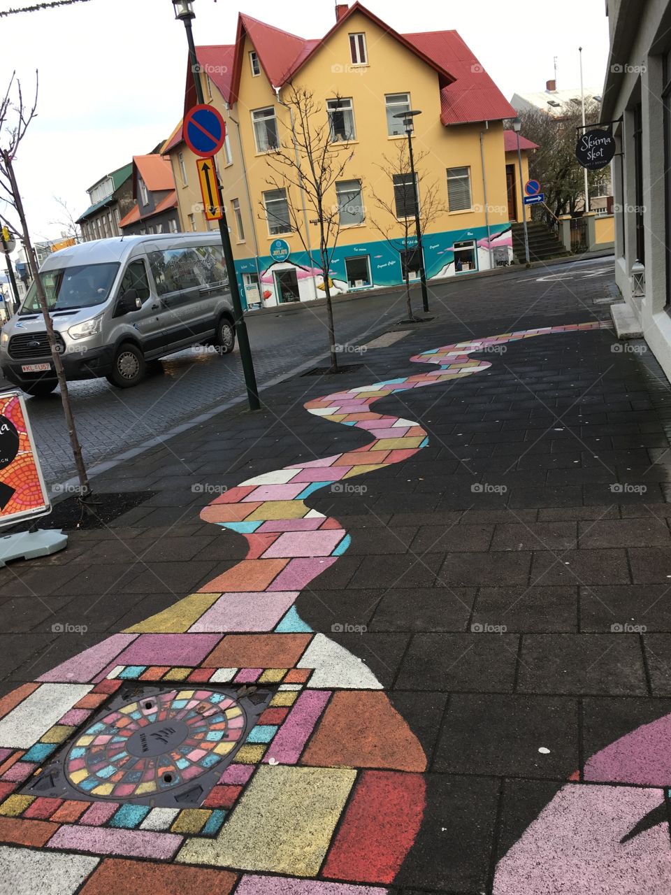 Colorful pavement in city center in Reykjavik Iceland 
