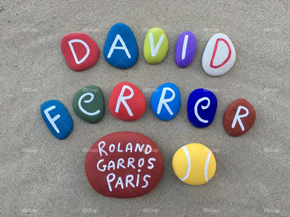 David Ferrer, spanish professional tennis player at Roland Garros, souvenir on colored stones 