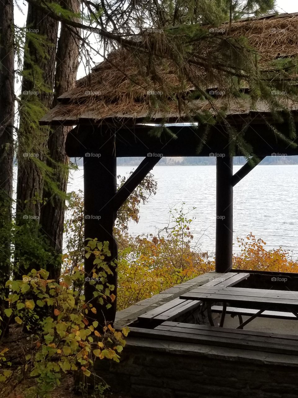 view thru a covered picnic area of lake water , autumn foliage and trees on a cloudy fall afternoon