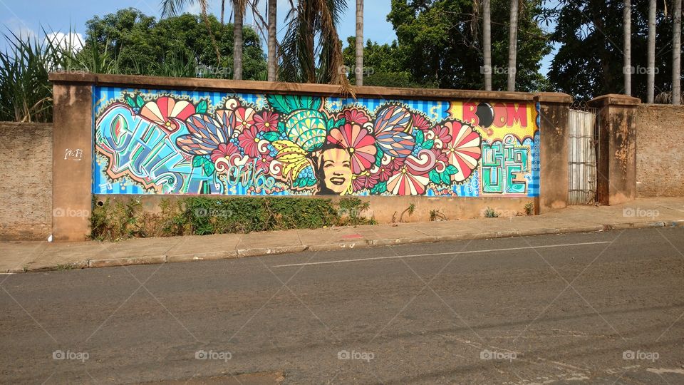Arte, grafite colorido em muro, rua.