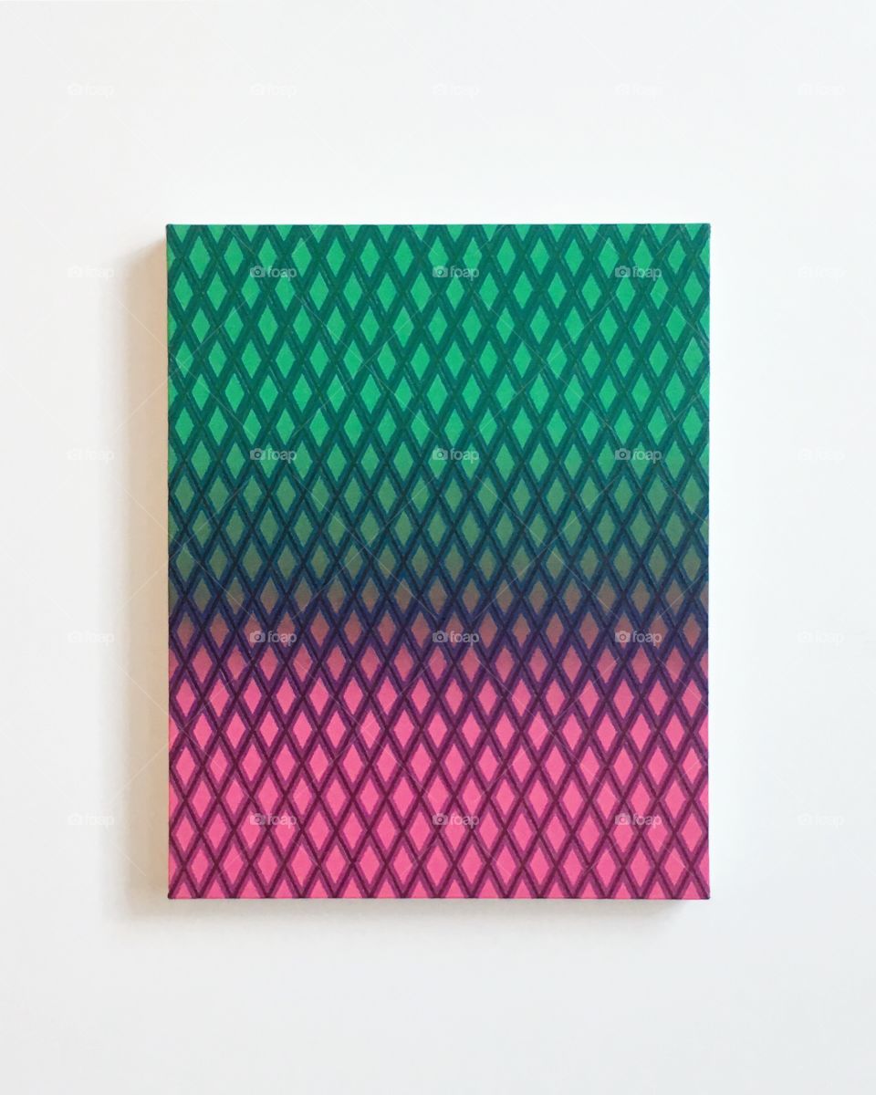 Hard-edged optical art paying. Hand made acrylic on canvas.Weaved rhomboid pattern interlaced opposing contrasting colour merging into grey.