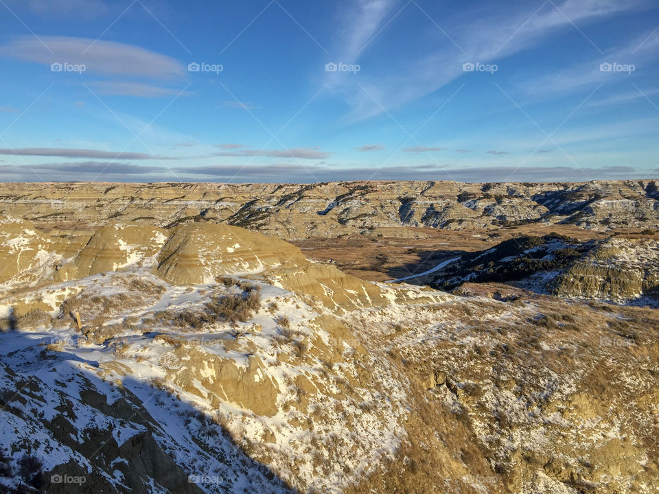 A frigid winter late afternoon landscape shot in Theodore Roosevelt National Park in North Dakota.