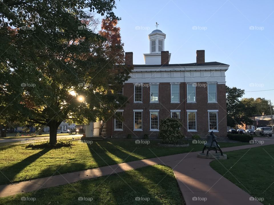 Historic Knox County Courthouse in Knoxville, Illinois, in the evening sunlight of autumn