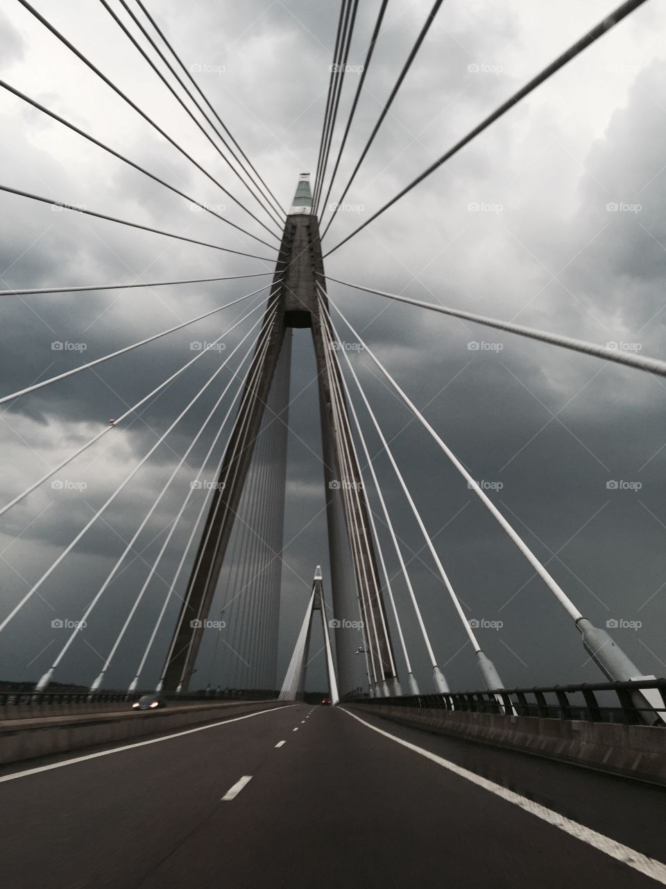 Cloudy bridge. Were driving in bad weather over the bridge in Uddevalla 